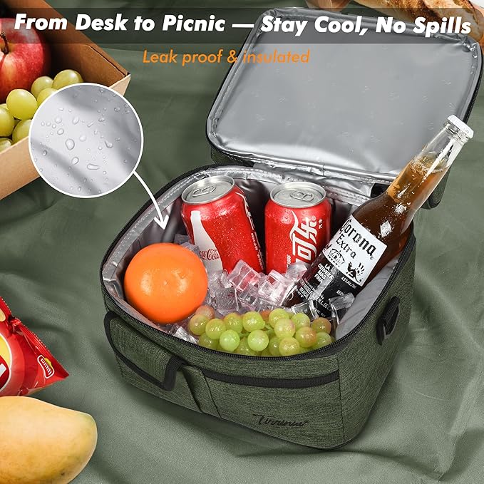 Tirrinia Reusable Lunch Box for Men Women, Insulated Lunch Bag Adult Work, Double Decker Leakproof Lunchbox for Office Picnic Beach—Dual Compartment Lunch Cooler Bag,Green