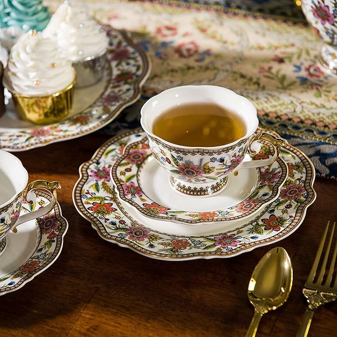 ACMLIFE Bone China Dinnerware Set for 4, 12-Piece Vintage Floral Dinnerware Set, Kitchen Plates and Bowls Set, Christmas Gifts for Women (Pink)