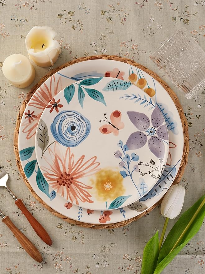 Bico Blossom Symphony Salad Plates Set of 4, 8.75 Inch Ceramic Dessert Plates for Salad, Appetizer, Side Dishes, Microwave and Dishwasher Safe, Gift for Housewarming and Thanksgiving