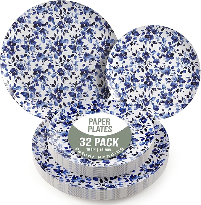 Trendables Heavy Duty Paper Plates Set For 16 Guests - 16 Each Of 8-inch And 10-inch Disposable Plates For Party - Fancy 32 Piece Dinnerware Set For All Occasions | Floral Design, Bluebelle