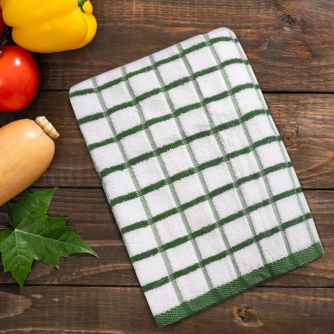 Urban Villa Kitchen Towels Green/White Set of 3 Terry Kitchen Towels 100% Cotton Ultra Soft Size 20X30 Inches Highly Absorbent Over Sized KitchenTowels with Hanging Loop KitchenTowels