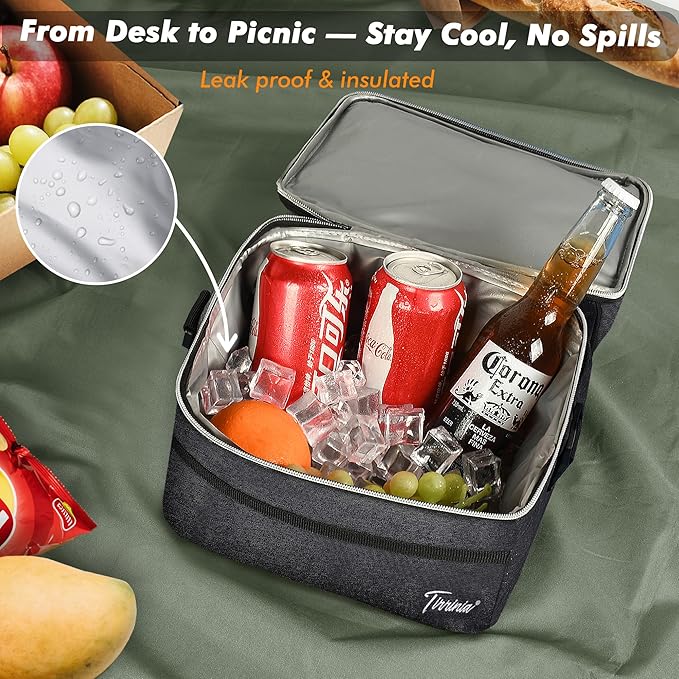 Tirrinia Reusable Lunch Box for Men Women, Insulated Lunch Bag Adult Work, Double Decker Leakproof Lunchbox for Office Picnic Beach—Dual Compartment Lunch Cooler Bag,Black
