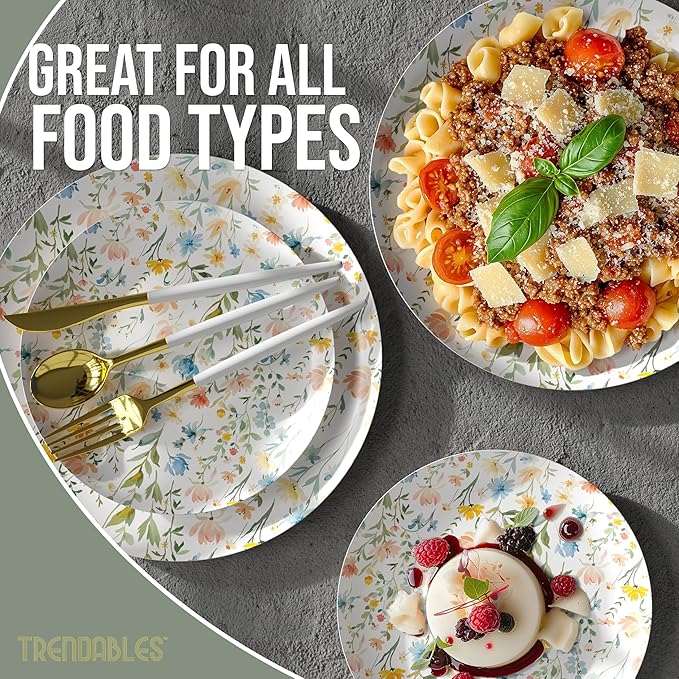 Trendables Heavy Duty Paper Plates Set For 32 Guests - 32 Each Of 8-inch And 10-inch Disposable Plates For Party - Fancy 64 Piece Dinnerware Set For All Occasions | Floral Design, Petite Fleur