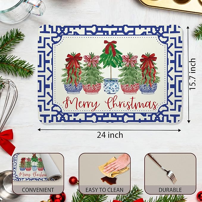 Chinoiserie Merry Christmas Tree Dish Drying Mat, Red Bow Xmas Tree Coffee Bar Mat for Countertops, Grandmillennial Xmas Absorbent Dish Drying Mats for Kitchen Counter Coffee Maker, 16x24 Inch