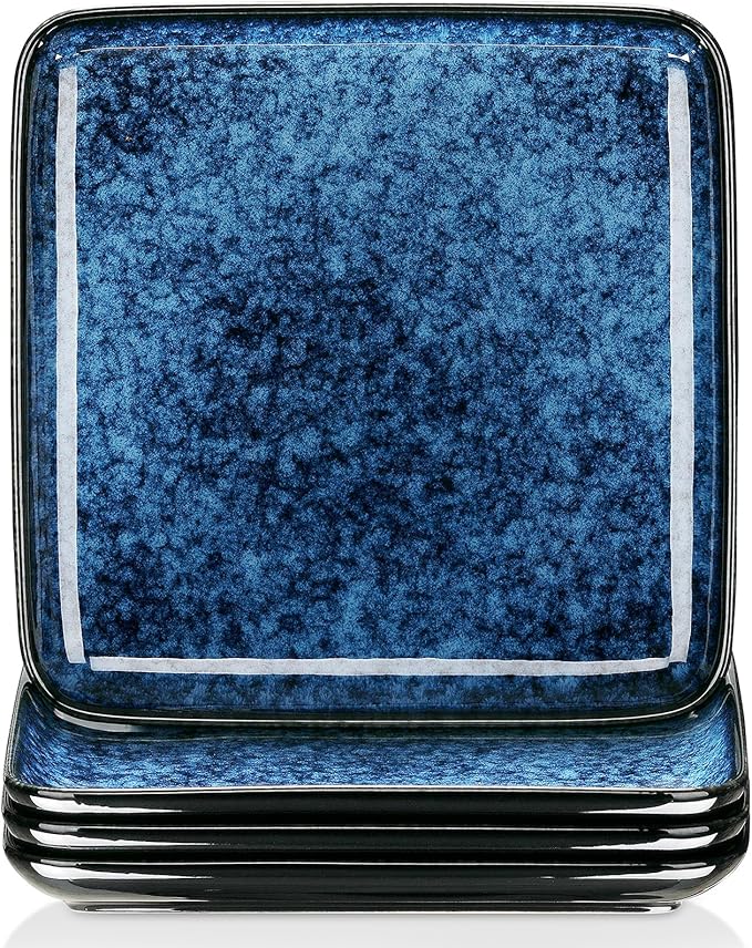 vancasso Stern Square Dinner Plates Set of 4, 10.5 Inch Dessert Plates, Reactive Change Glaze Blue Serving Pasta Salad Plate Dish, Scratch Resistant