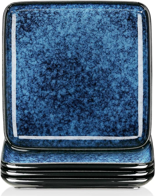 vancasso Stern Square Dinner Plates Set of 4, 10.5 Inch Dessert Plates, Reactive Change Glaze Blue Serving Pasta Salad Plate Dish, Scratch Resistant