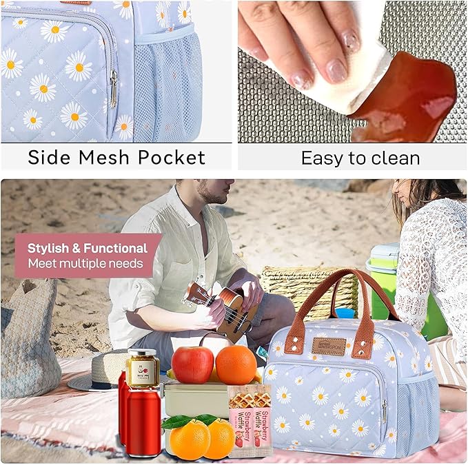 Buringer HOMESPON Lunch Bag for Woman Man Adults with Front Pocket Insulated Lunch Tote Lunch Box Container for Work Picnic or Travel（Blue Daisy）