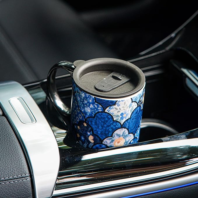 Topadorn Ceramic Mug Coffee Cup with Spill-Proof Lid Latte Mug for Home and Office with Gift Box,Blue