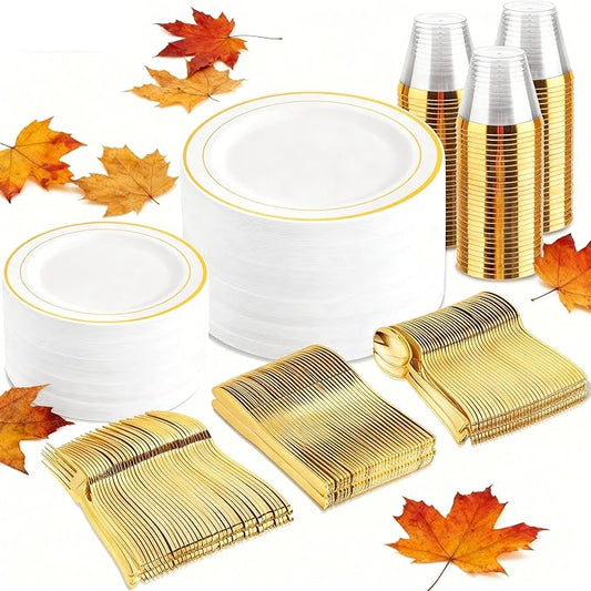 bUCLA 300PCS Gold Disposable Dinnerware Set - White and Gold Plastic Plates - Include 50 Each (Dinner&Dessert) Plates,50 Knives,50 Forks,50 Spoons,50 Cups for Party & Thanksgiving Table Decor