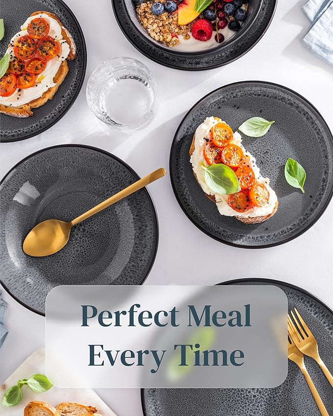 Stoneware dinnerware set 8 persons 24 pcs - Dishwasher, microwave and scratch resistant - Bowl and plate set 8 persons modern - Dinner service Pure Living black in gray…