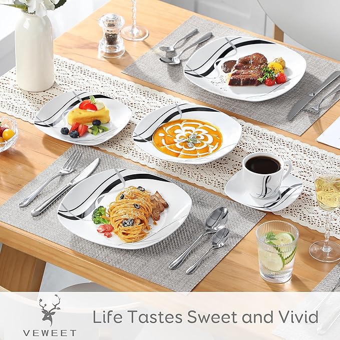 VEWEET, Series Fiona, 30-Piece Dinnerware Sets for 6, White Dishes Set with Black and Gray Stripes, Porcelain Dinner Set Including Dessert Plates, Soup Plates, Dinner Plates, Cups & Saucers