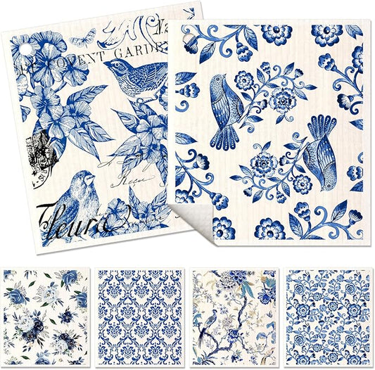 6 Pack Swedish Dishcloths for Kitchen - Reusable Dish Cloths for Washing Dishes Absorbent Cute Funny Kitchen Towels Cleaning Sponge, Blue Floral