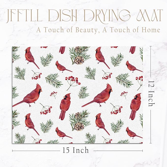 Winter Christmas Red Cardinal Dish Drying Mat, Cardinal Lovers Gifts, Berry Xmas Pine Branch Absorbent Dish Drainer Reusable Washable Drying Mat Pad for Kitchen Counter, 12×15 Inch