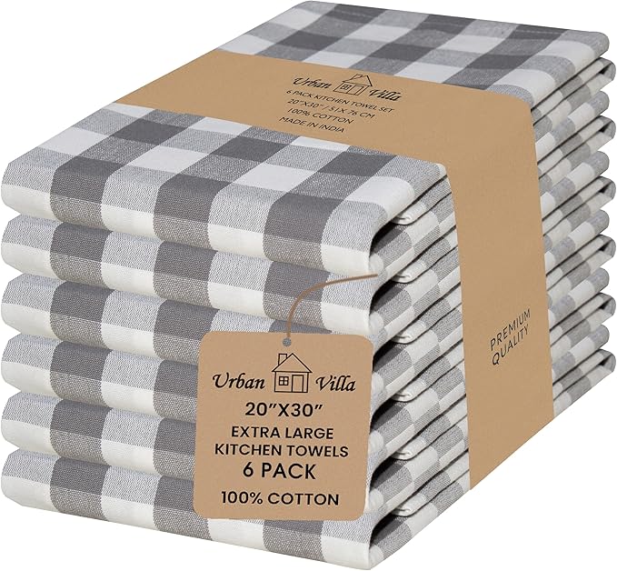 Urban Villa Kitchen Towels Set of 6 Buffalo Checks Grey/White Kitchen Towels 20X30 Inches 100% Cotton Highly Absorbent Kitchen Towels Premium Quality Ultra Soft Mitered Corners KitchenTowels