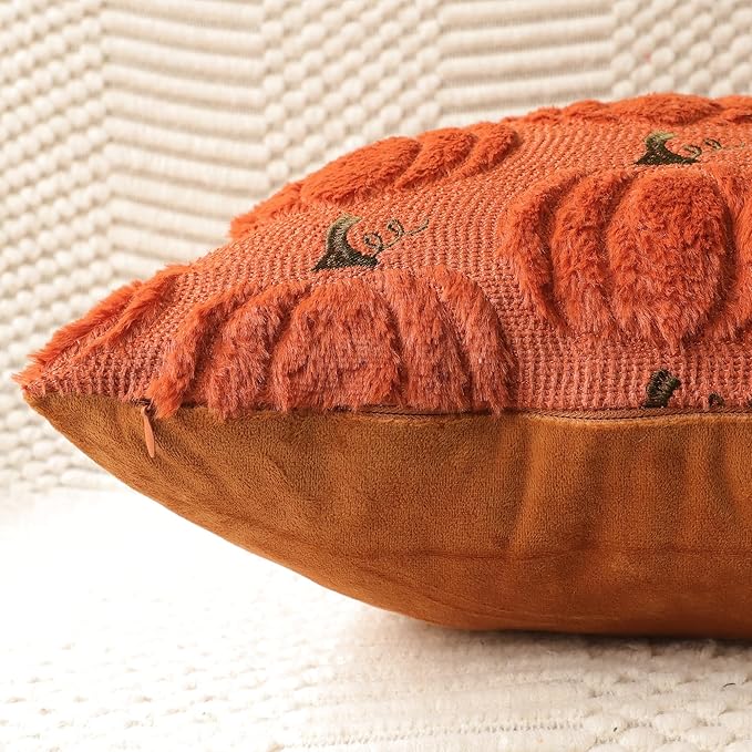 4TH Emotion Fall Pumpkin Decorative Pillow Covers 18x18 Set of 2, Dark Rust Red Soft Plush Faux Fur Wool Farmhouse Throw Cushion Cases for Autumn Thanksgiving Holiday Home Decorations