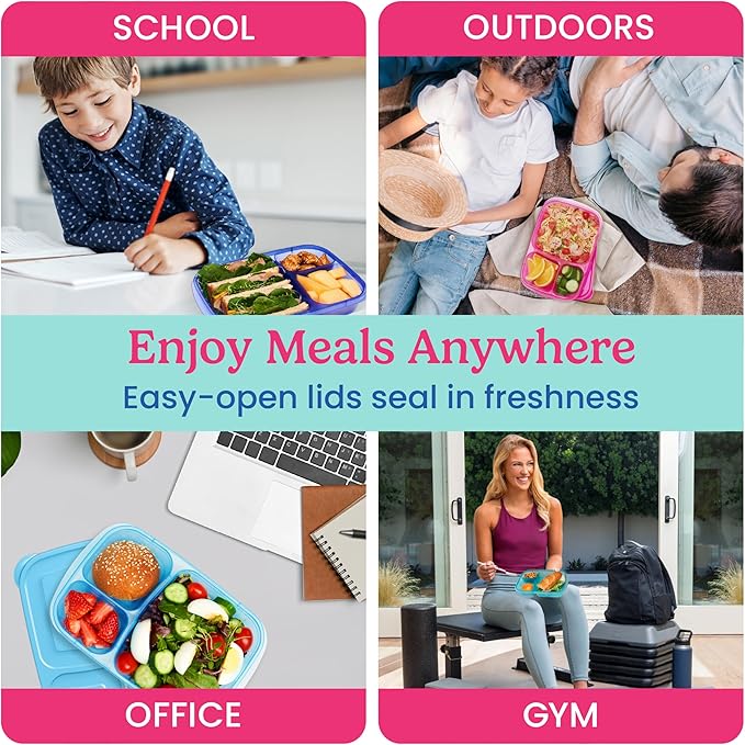 Bentgo Easyboxes - Original Stackable Lunch Boxes - Reusable 3-Compartment Food Containers for Kids and Adults - Bento Lunch Box for Meal Prep, School, & Work - BPA Free, Set of 4 (Jewel Brights)