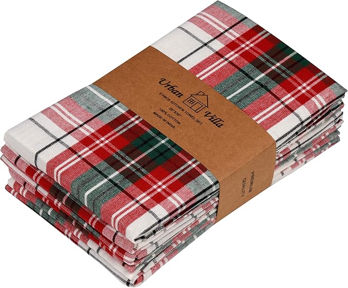 Urban Villa Checkered KitchenTowels Set of 6 Classic Checks Kitchen Towels 20X30 Inches 100% Cotton Highly Absorbent Kitchen Towels Premium Quality Ultra Soft Mitered Corners KitchenTowels