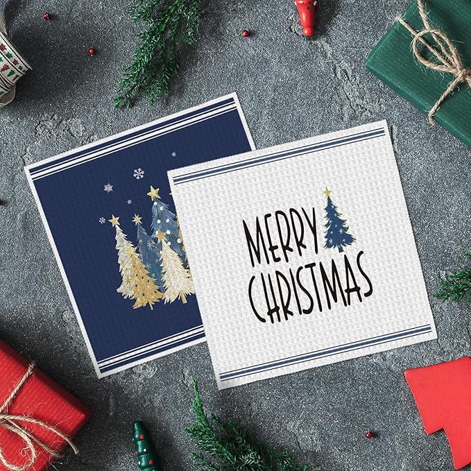 Artoid Mode Blue Star Xmas Tree Merry Christmas Kitchen Dish Cloths, 12x12 Inch Quick Dry Microfiber Dishcloths for Kitchen Dish Rags Set of 2