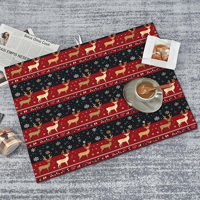 Christmas Reindeer Dish Drying Mat for Kitchen Counter Microfiber Super Absorbent Non-Slip Dish Drying Pad for Countertops Dishes Utensils Stylish Quick-Dry Machine Washable 18x24 Inch