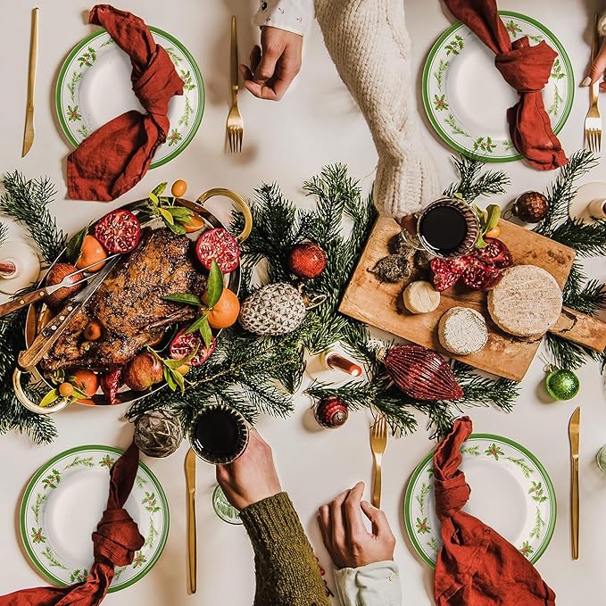 6 Pcs Christmas Dinner Plates Xmas Tree Melamine Dinnerware Green Plates Xmas Wreath Dishes Holiday Tableware for Dessert Salad Appetizer Birthday Party(Christmas Wreath,10 Inches)