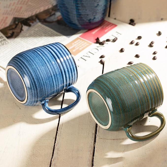 20 oz Large Ceramic Coffee Mug, Coffee Mugs for Women and Men, Big Tea Cups, Large Handle Handmade Pottery Mug for Office and Home, Microwave and Diahwasher Safe (Blue with Stripes, 1PCS)