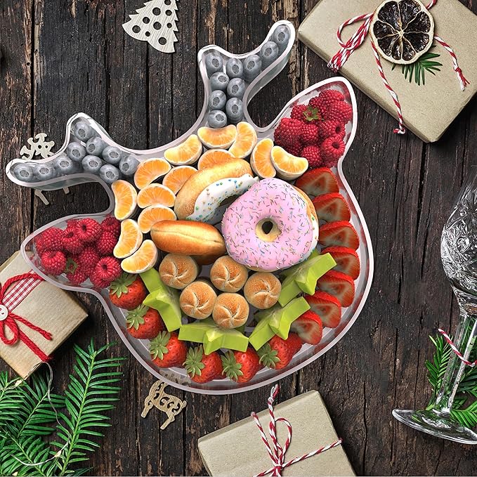 11" Christmas Elk Charcuterie Boards, Acrylic Reusable Serving Tray for Dessert Appetizer Display, Cute Decorative Snack Platter for Xmas Party Table Decoration