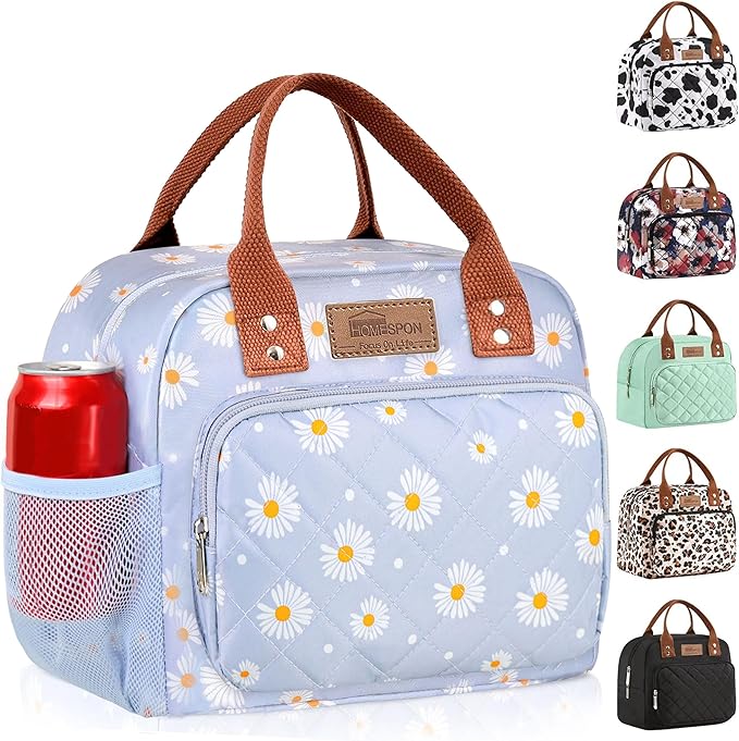 Buringer HOMESPON Lunch Bag for Woman Man Adults with Front Pocket Insulated Lunch Tote Lunch Box Container for Work Picnic or Travel（Blue Daisy）