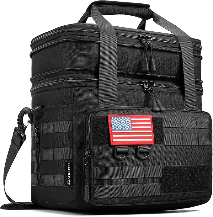 RalChyez Tactical Lunch Box, 20L Large Heavy Duty Double Deck Insulated Lunch Bag Leakproof Expandable Tote Cooler with Shoulder Strap for Adult Men Women Work Fishing Picnic Travel Black