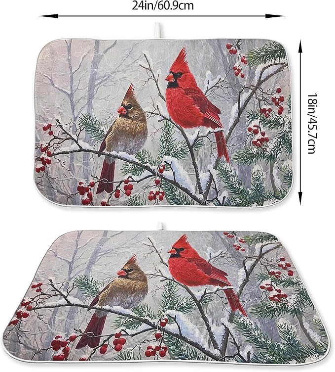 Christmas Dish Drying Mats 18x24 Inch Snow Red Bird Drying Mats Xmas Farmhouse Winter Holiday Kitchen Decor Absorbent Drying Pad Rack Drainer Mats for Kitchen Dining Room Counter