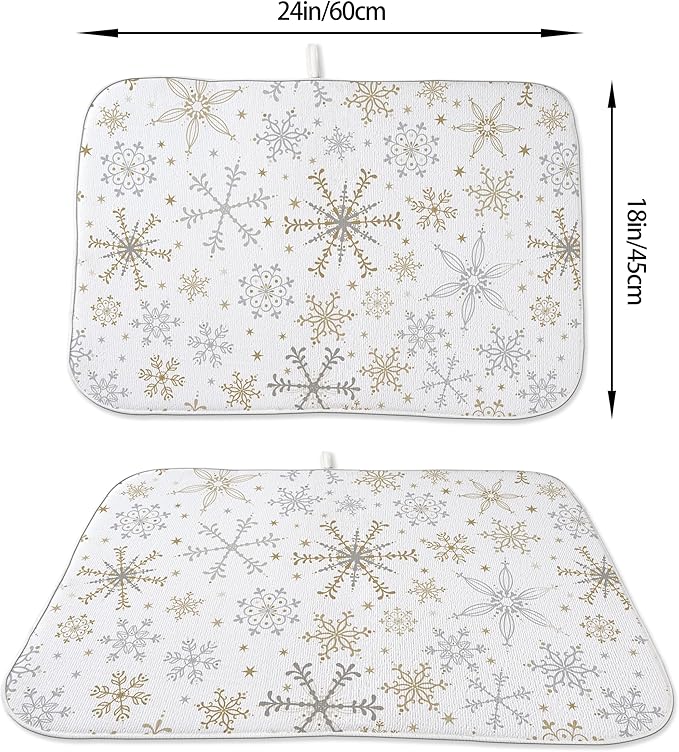 Christmas Drying Mat 18x24 Inches For Kitchen Counter Winter Gold Gray Snowflake Home Decoration Drying Mat Decorative Pad for Kitchen Dining Room Christmas Decoration,Office Decor