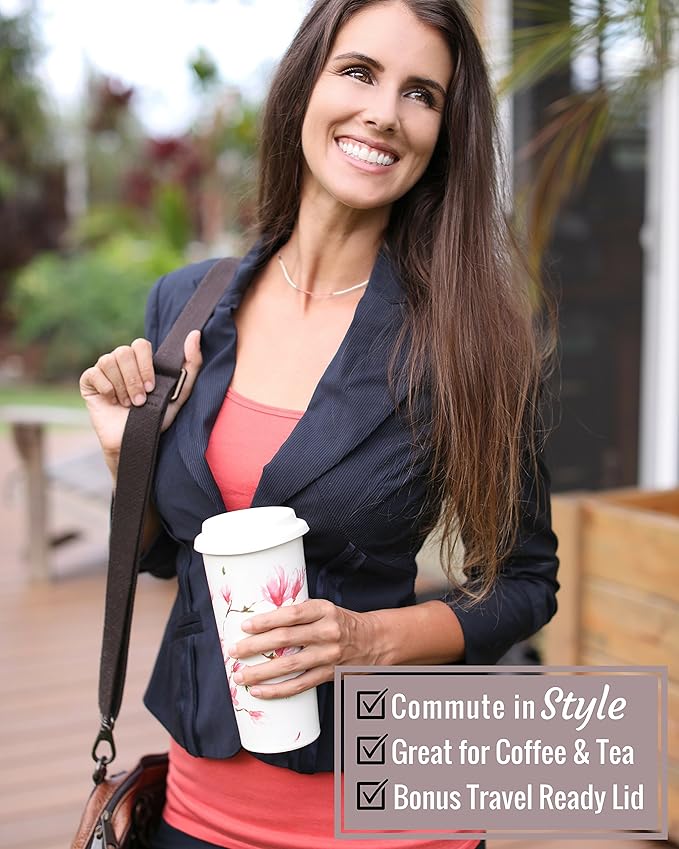 Willow & Everett 16oz Double-Walled Ceramic Tea Cup with Infuser and Lid. Tall Coffee Mugs - Magnolia Finish