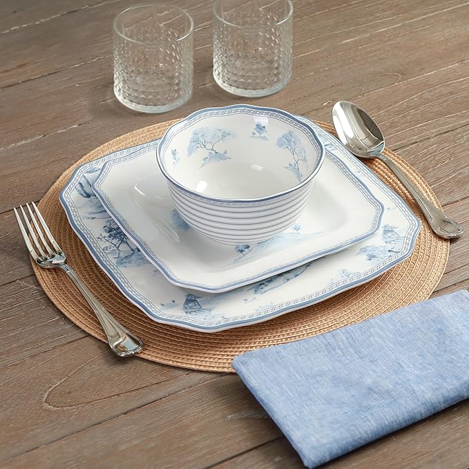 222 Fifth 12-Piece Porcelain Dinnerware Set for 4, Glossy White Plates and Bowls Set with Blue Decal, Elegant Square Ceramic Dish Set, Kitchen Tableware, Microwave & Dishwasher Safe, Scenic Toile