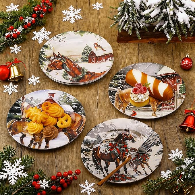 6 Pcs Christmas Reusable Melamine Dinner Plates 8 Inch Christmas Theme Round Plates Xmas Dishes Dinnerware Set for Salad Pasta Xmas Birthday Party Supplies Gifts (Horse)