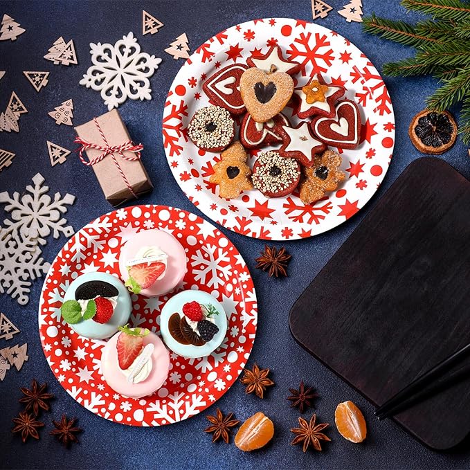 Zhehao 100 Pcs Christmas Paper Plates 9 Inch Disposable Plates Bulk Red and White Snowflake Christmas Party Decoration for Xmas Candy Dinner Plate Party Wedding Event Supplies
