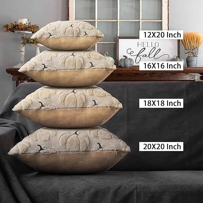 4TH Emotion Fall Pumpkins Decorative Pillow Covers 20x20 Set of 2, Beige Soft Plush Faux Fur Wool Farmhouse Throw Cushion Cases for Autumn Thanksgiving Holiday Home Decorations