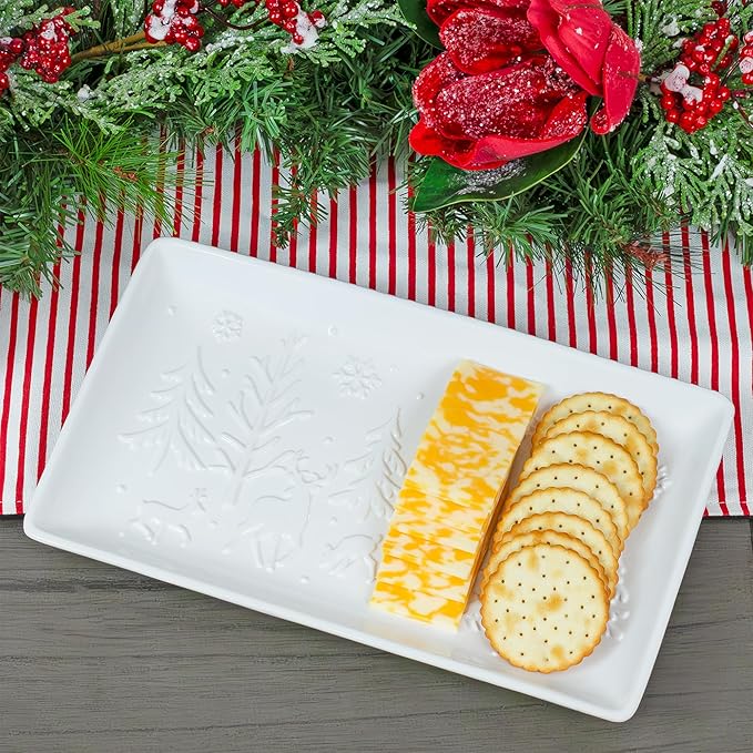AuldHome Design Reindeer Christmas Tree Platter; Ceramic Embossed White Serving Tray