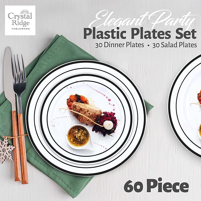 60 Pieces White Plastic Disposable Plates - Premium Heavy-Duty 30 Dinner Plates & 30 Salad Plates with Black Rim Ideal for Party, Birthday and Special Events