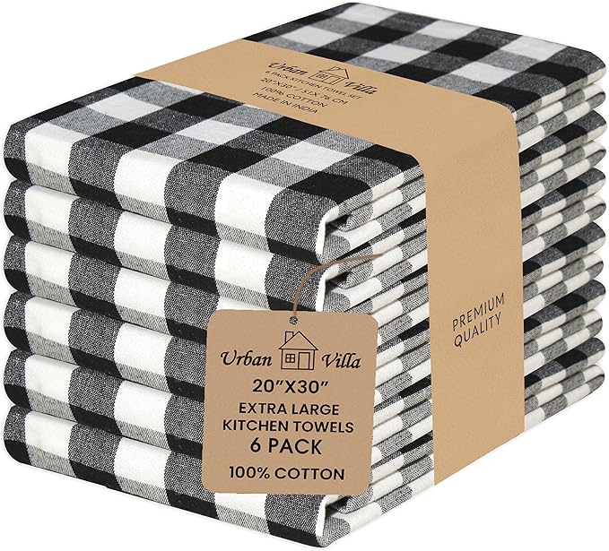 Urban Villa Kitchen Towels Set of 6 Buffalo Checks Black/White Kitchen Towels 20X30 Inches 100% Cotton Highly Absorbent Kitchen Towels Premium Quality Ultra Soft Mitered Corners KitchenTowels