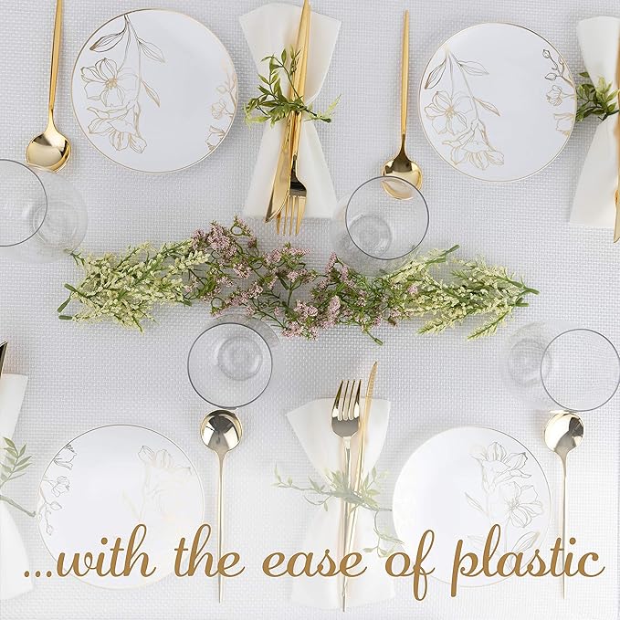[6'' Plates 10 Count] White Plastic Floral Design Party Plates With Gold Rim Premium heavyweight Elegant Disposable Tableware Dishes