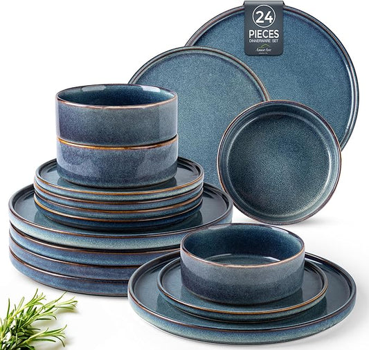 AmorArc Ceramic Dinnerware Sets, Handmade Reactive Glaze Stoneware Plates and Bowls Sets,Highly Chip and Crack Resistant | Dishwasher & Microwave Safe Dishes Set, Service for 8 (24pc)
