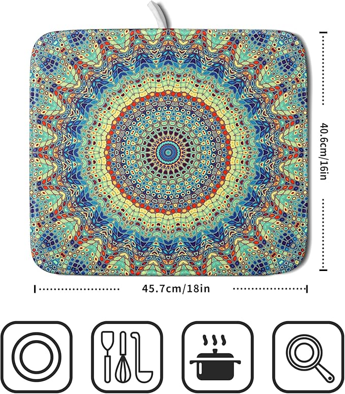 Bohemian Dish Drying Mats for Kitchen Counter 16×18 Inch Boho Mandala Ethnic Small Microfiber Drying Mat Kitchen Accessories Dish Rack Mat Drainer Pad Washable Absorbent
