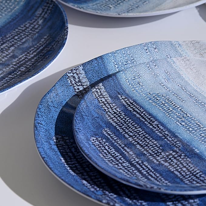 12 Piece Melamine Dishes Set for 4, Unbreakable Plates and Bowls Sets for Camping, Lightweight dinnerware set, Kind to kids, Dishwasher Safe, Ideal for RV, Sky Blue and White Retro