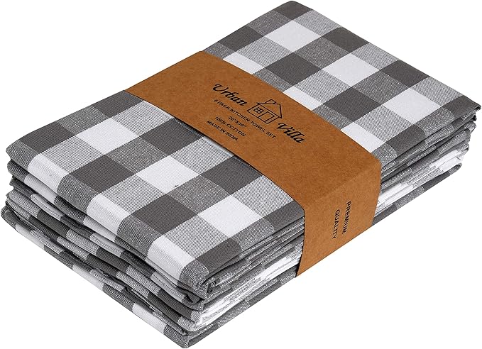 Urban Villa Kitchen Towels Set of 6 Buffalo Checks Grey/White Kitchen Towels 20X30 Inches 100% Cotton Highly Absorbent Kitchen Towels Premium Quality Ultra Soft Mitered Corners KitchenTowels