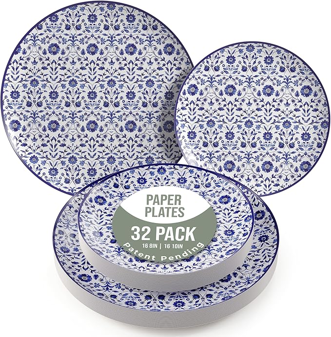 Trendables Heavy Duty Paper Plates Set For 16 Guests - 16 Each Of 8-inch And 10-inch Disposable Plates For Party - Fancy 32 Piece Dinnerware Set For All Occasions | Floral Design, Florentine