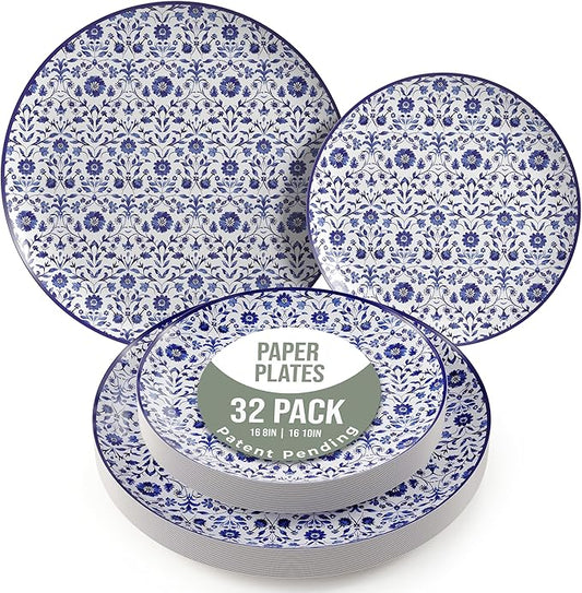 Trendables Heavy Duty Paper Plates Set For 16 Guests - 16 Each Of 8-inch And 10-inch Disposable Plates For Party - Fancy 32 Piece Dinnerware Set For All Occasions | Floral Design, Florentine