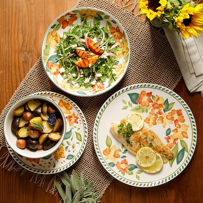 Bloomhouse Cassia Bud 16 Piece Double Bowl Hand Painted Stoneware Plates and Bowls Floral Dinnerware Set