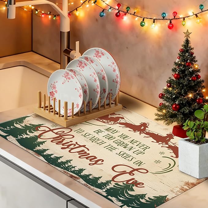 Vintage Christmas Eve Dish Drying Mat, Xmas Santa Reindeer Sleigh Coffee Bar Mat for Countertops, Retro Christmas Tree Absorbent Dish Drying Mats for Kitchen Counter Coffee Maker, 16x24 Inch