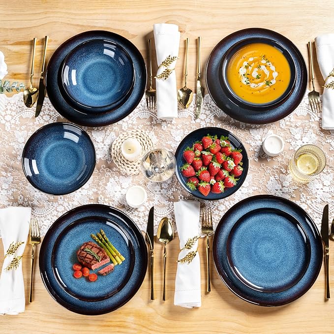 LeRatio Ceramic Dinnerware Sets for 4,Wavy Reactive Glaze Stoneware Plates and Bowls Sets,Highly Scratch Resistant | Dishwasher & Microwave,Oven Safe Dishes Set(12PCS)