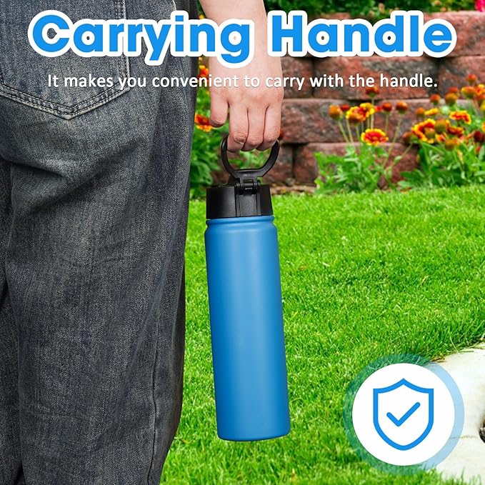 24 oz Insulated Water Bottle with Straw, Stainless Steel Double Wall Vacuum Thermos with Straw Lid Leak Proof, Wide Mouth Lid, Keep Cold and Hot