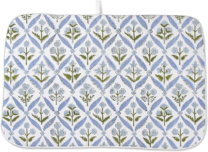 Boho Dish Drying Mat 18x24 Inches For Kitchen Counter Block Print Blue Floral Kitchen Decoration Drying Mat Modern Decorative Flower Drying Pad Mat for Home Kitchen Decor,Dining Room,Office